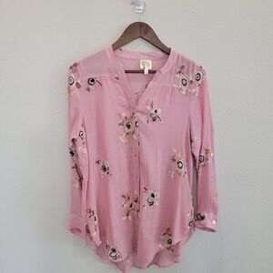 Fig and Flower Pink Floral Boho Blouse Embroidered Flower Details Size Small